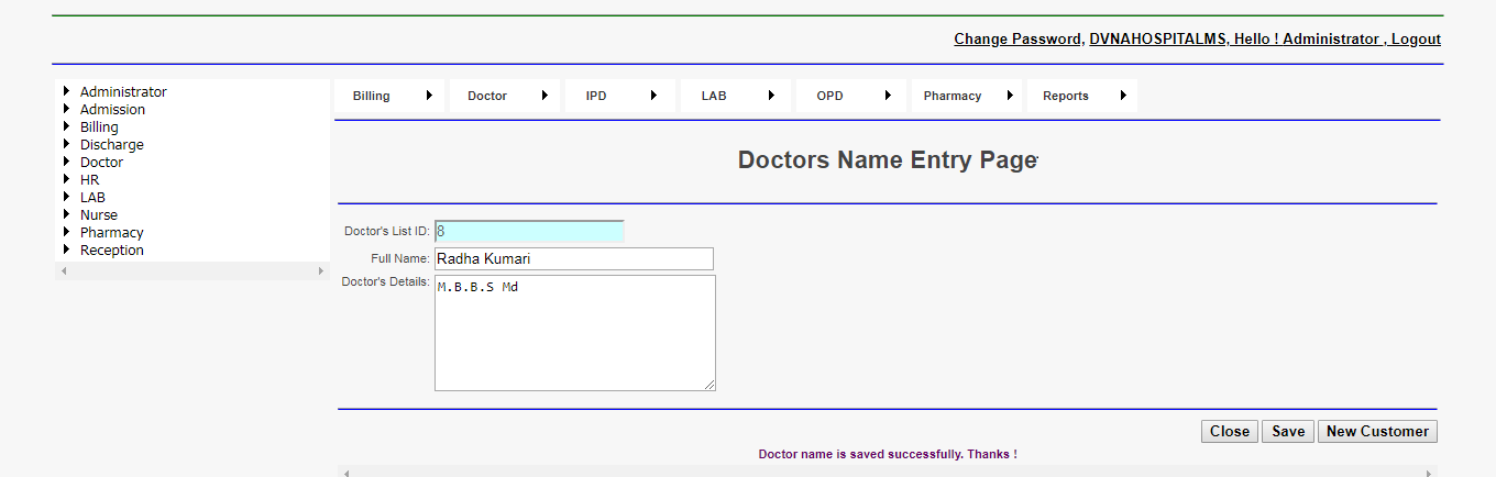 Dvna Hospital Management Software Doctor Name Entry Page